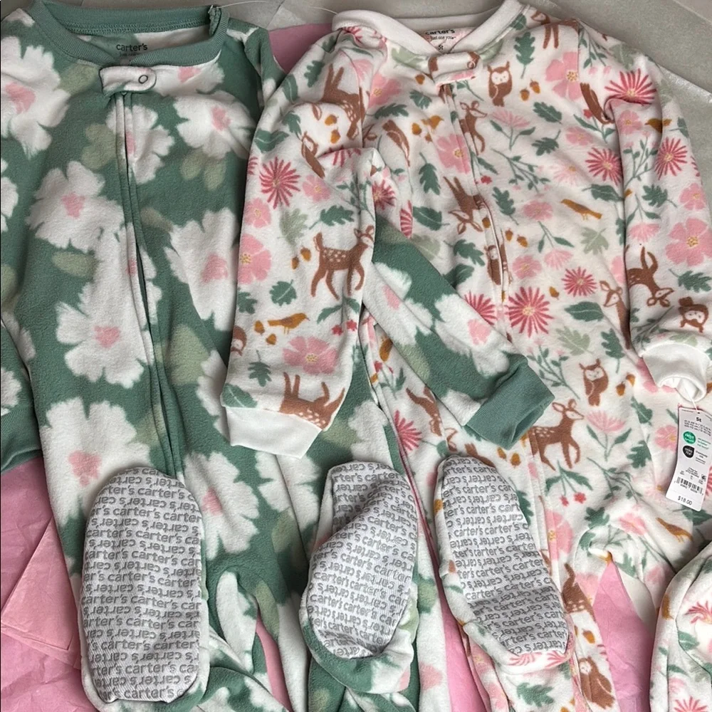 NWT 2 Pc Set Carter's Fleece Green Pink Deer White Forest Footie Nonslip Sole
